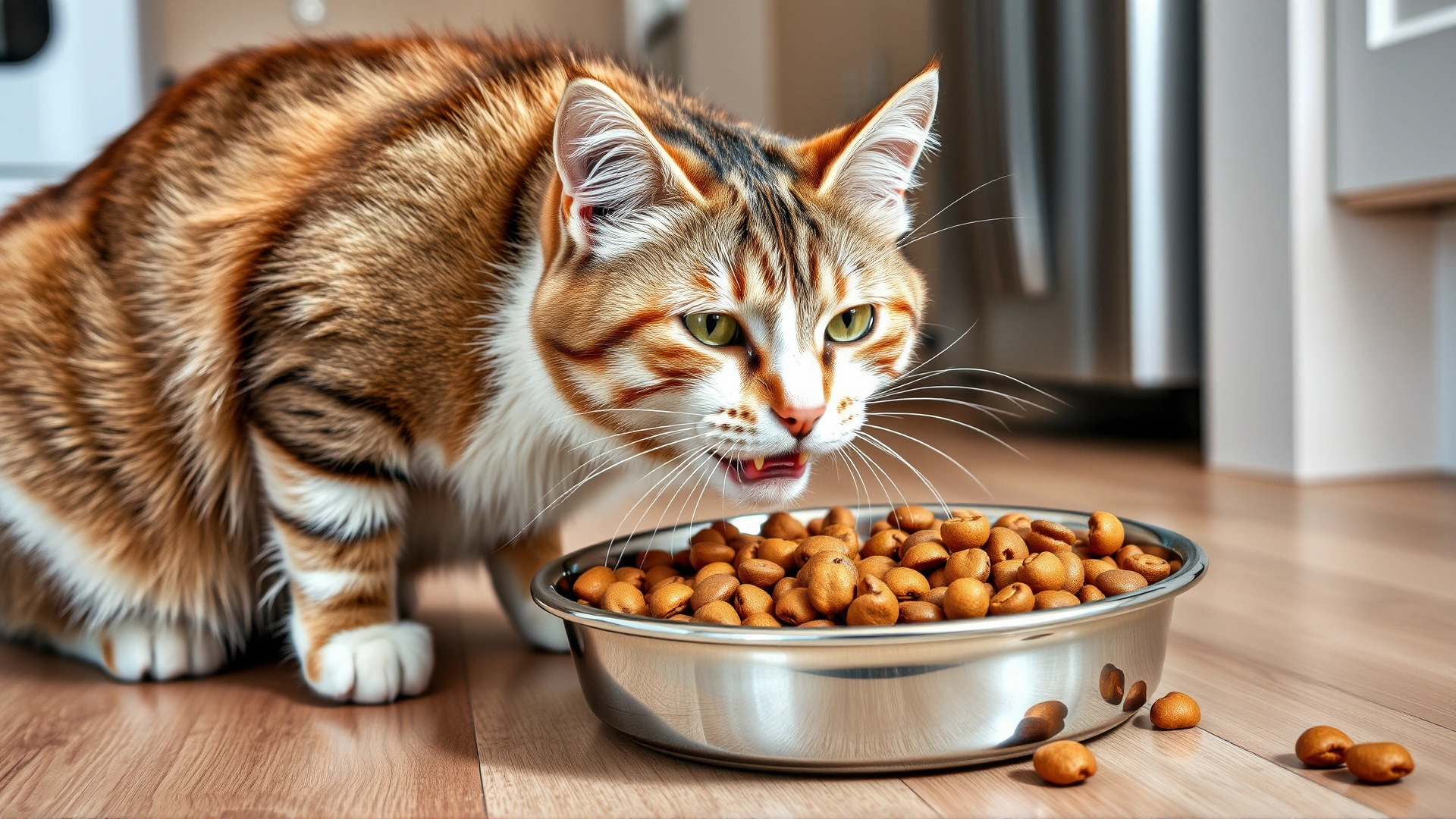 Large domestic cat eating from a stainless steel bowl filled with high-protein kibble on a kitchen floor.