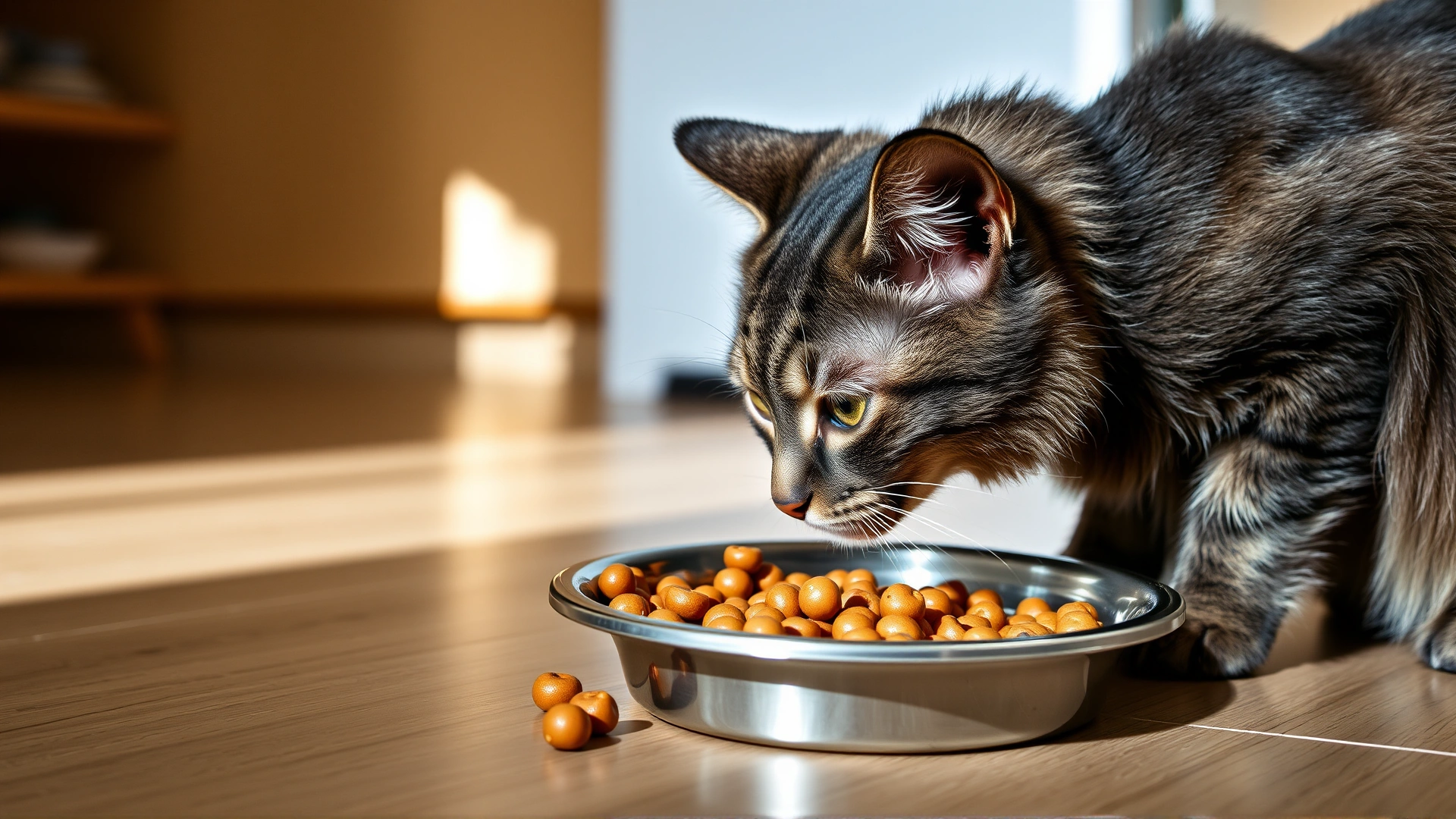 Cat eating balanced wet food from a stainless steel bowl on kitchen floor, natural light, no text.