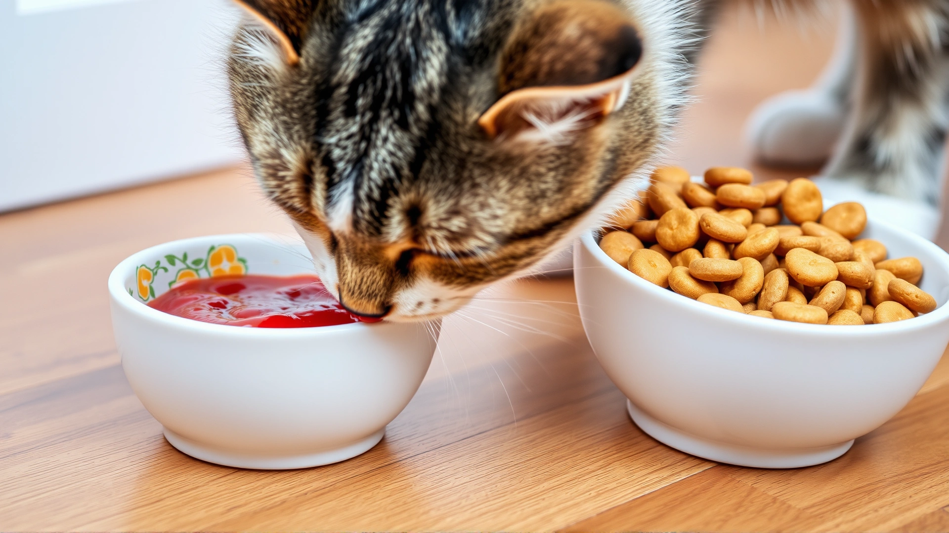 Close-up shot of a curious cat sniffing two bowls side-by-side, one containing moist wet food and the other containing crunchy dry kibble, on a wooden floor.