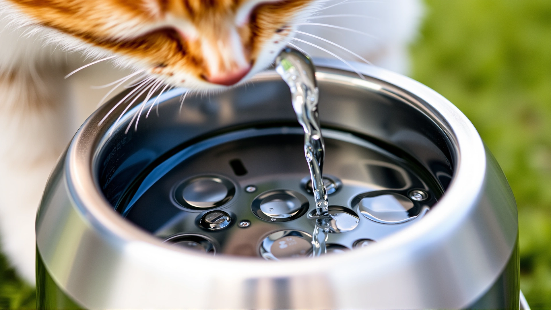 Close-up of stainless steel pet water fountain with cat drinking