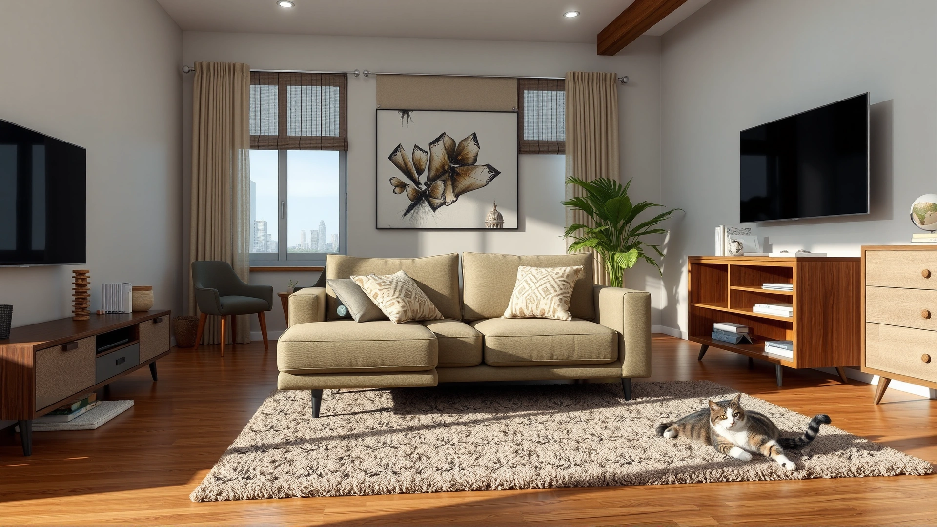 Modern living room featuring furniture protectors, integrated scratching posts, and a relaxed cat lounging on a rug.