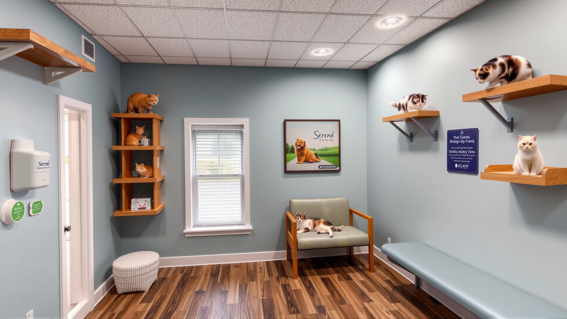 Serene cat-only waiting room with climbing shelves, Feliway diffuser, and a relaxed cat lounging.