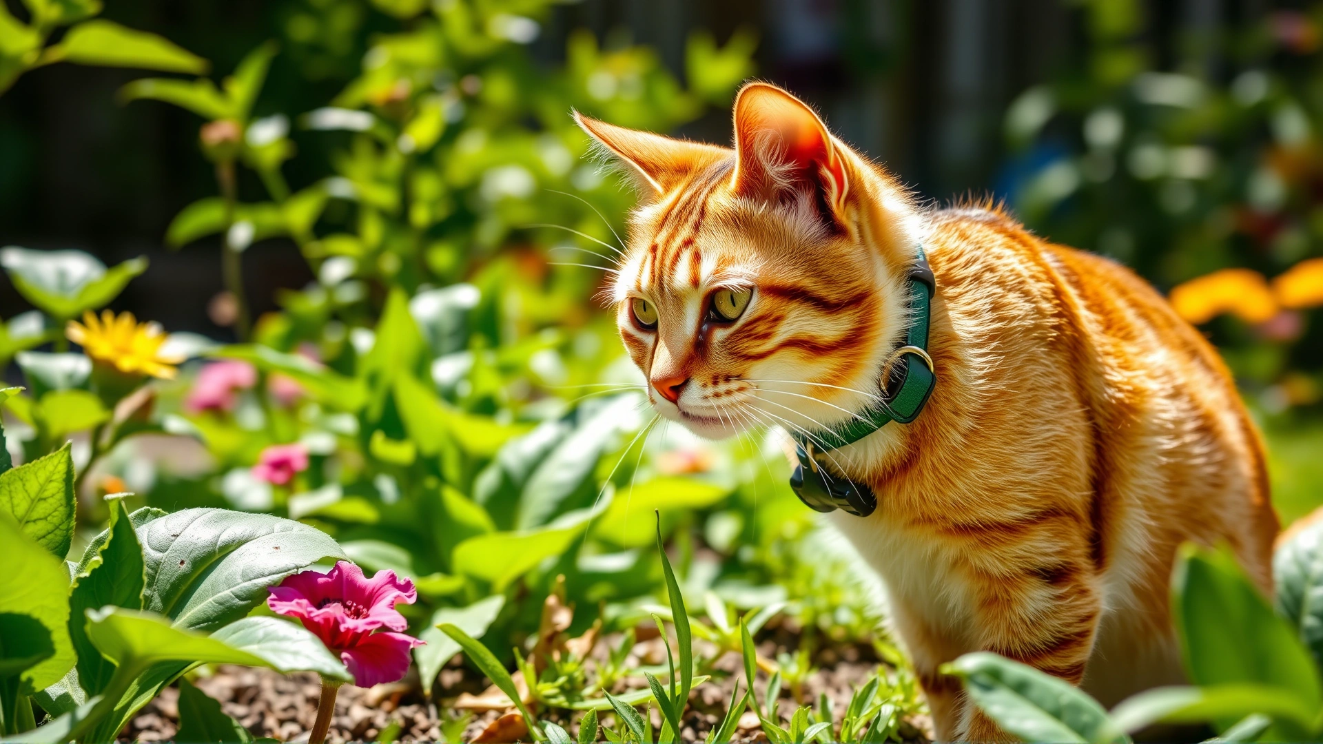 Healthy cat wearing a flea collar exploring a sunny backyard garden with vibrant green plants.