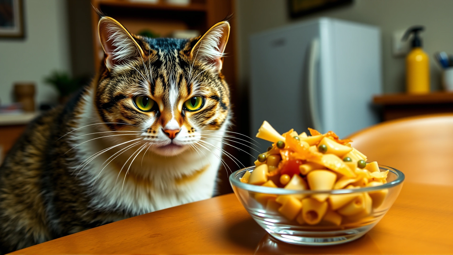 Cat staring suspiciously at a bowl of minced garlic on a dining table, indoor setting, bright colors, no text