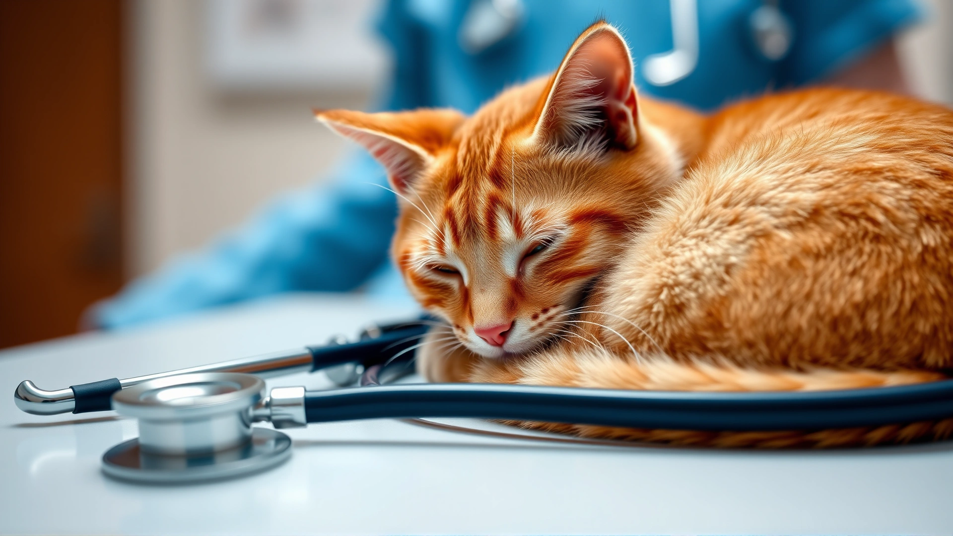 Close-up of a calm ginger cat curled on a vet table with a stethoscope nearby, shallow depth of field, professional clinic setting, high-resolution
