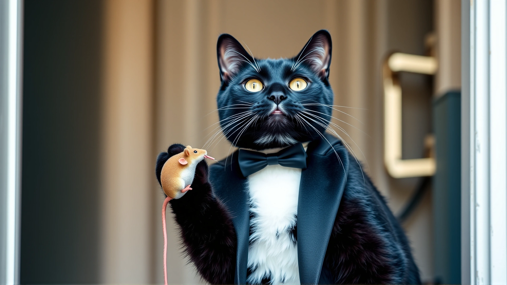Proud tuxedo cat at doorway holding a toy mouse in its mouth, looking up at camera