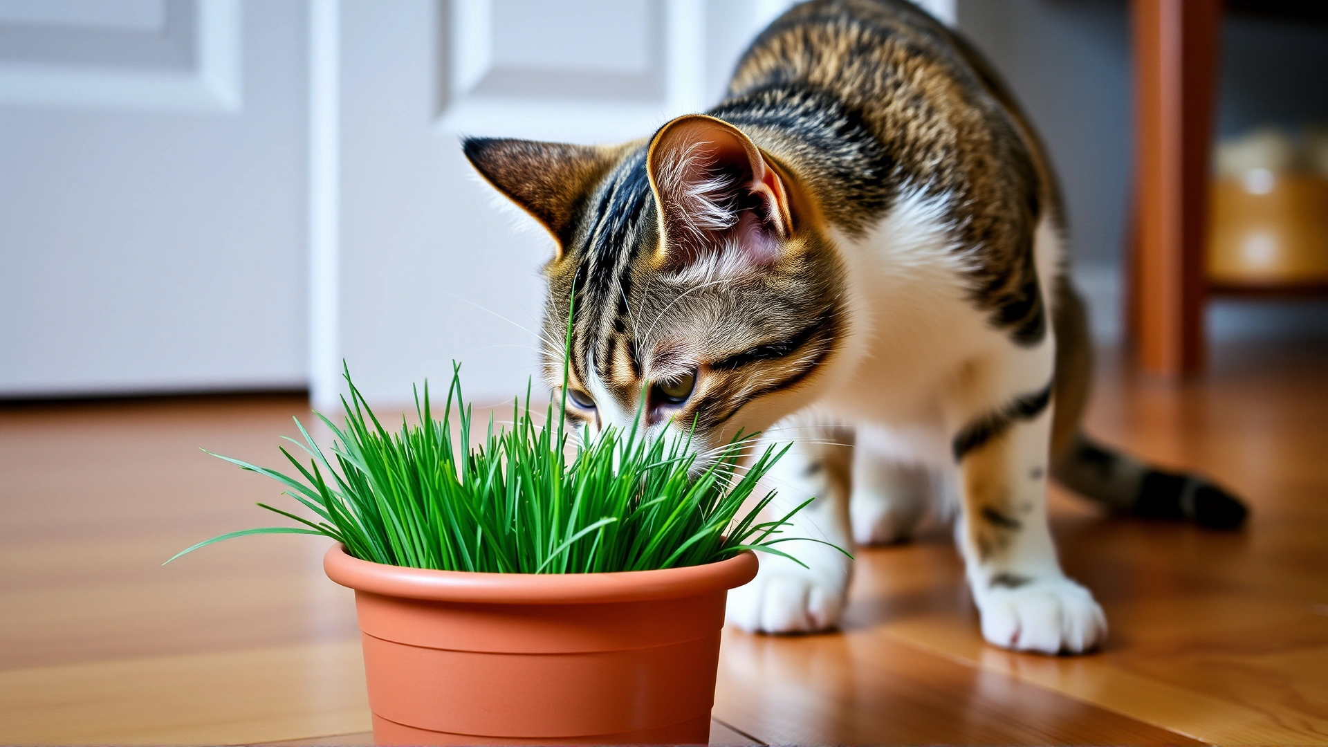 Indoor cat nibbling on a pot of fresh cat grass placed on a wooden floor.