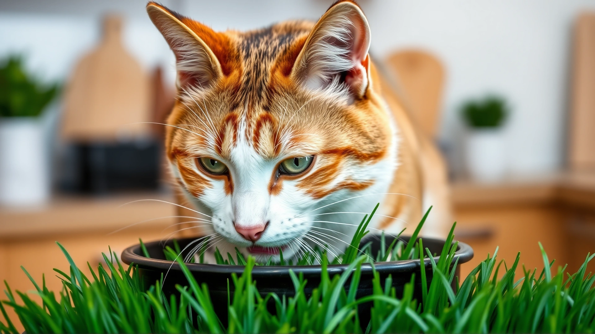 Cat munching on a pot of fresh cat grass placed on a kitchen countertop.