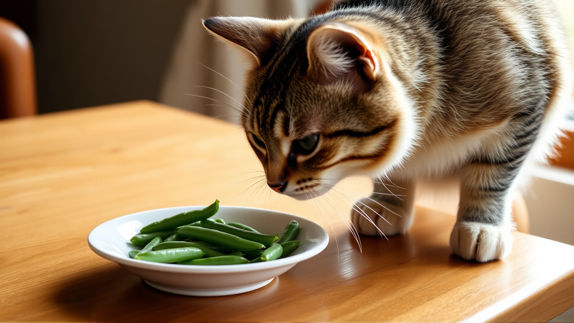 Domestic short-haired cat sniffing a small dish of plain green beans on a wooden table, natural window light