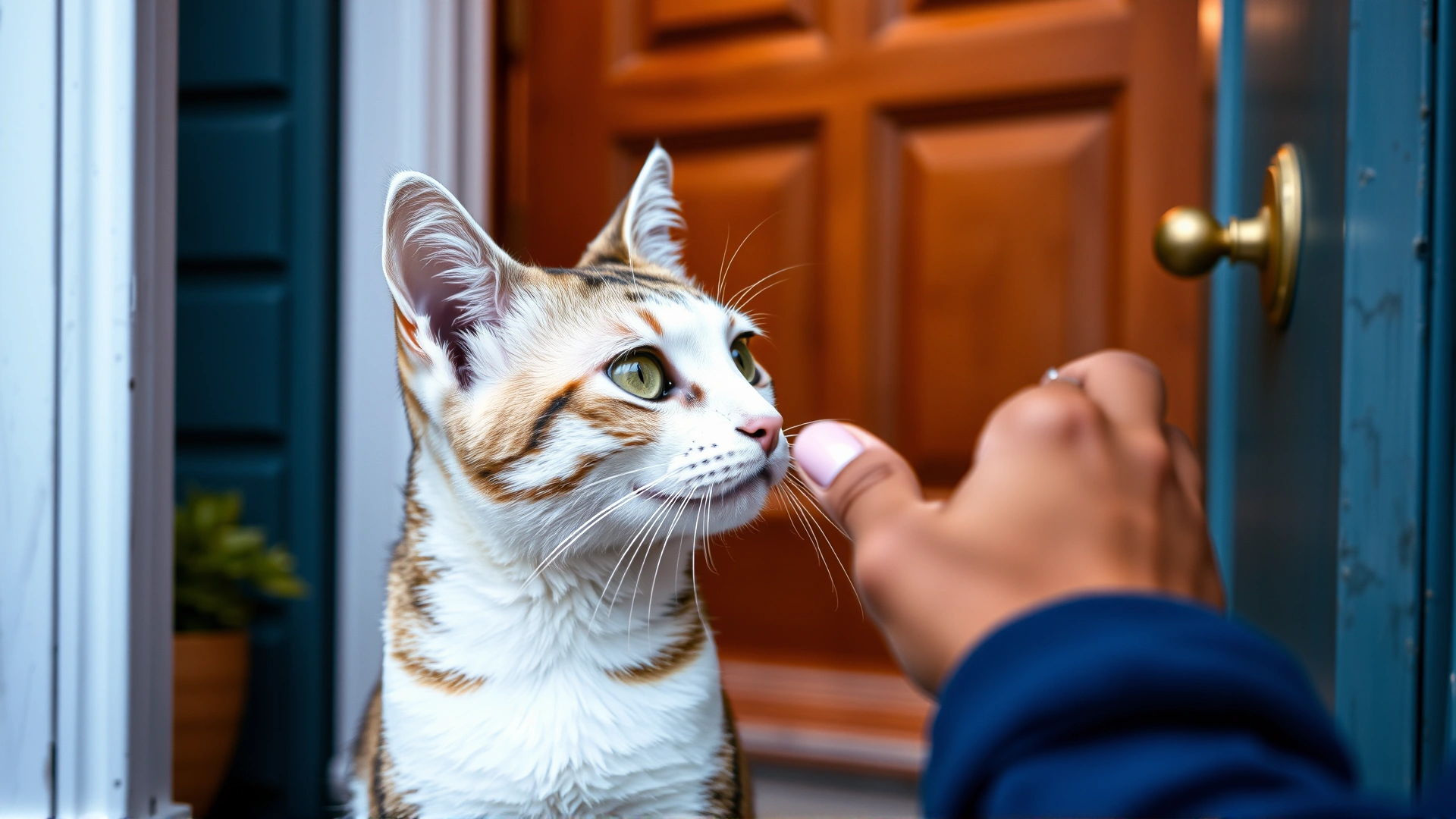 A cat waiting by the front door and raising its head towards the returning owner’s hand