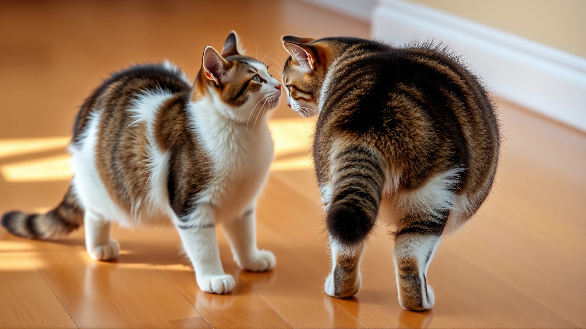 Two cats greeting each other by sniffing their hindquarters on a wooden floor with warm natural light