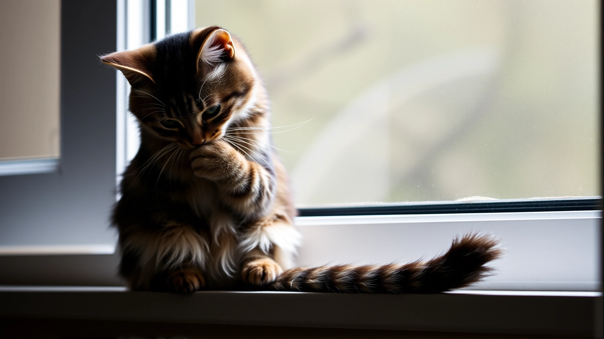 Short-haired tabby cat sitting on a windowsill grooming its fur, soft indoor lighting, no text
