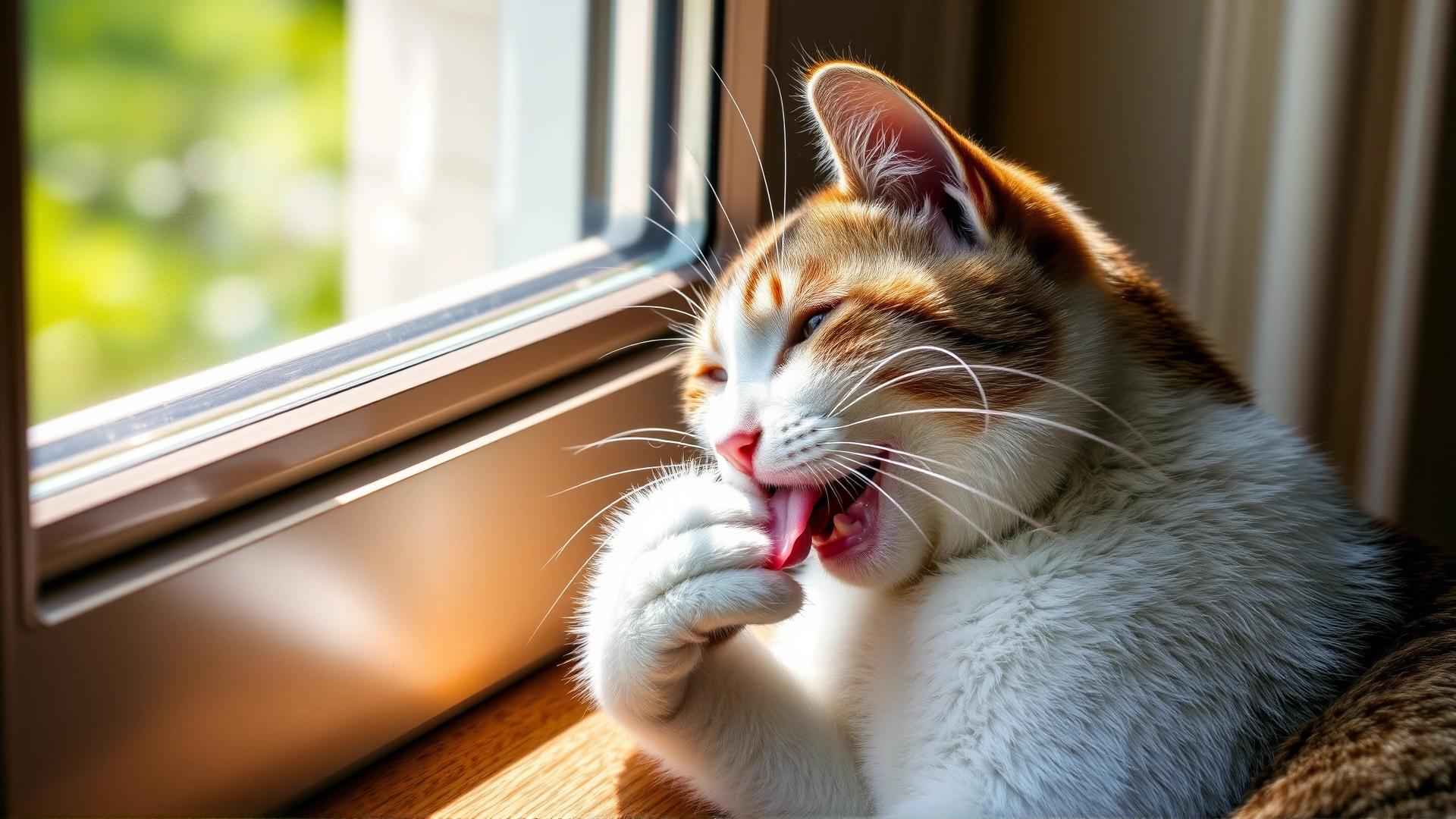 Domestic cat licking its fur on a sunny windowsill, showing normal self-grooming behavior, focus on tongue and fur texture