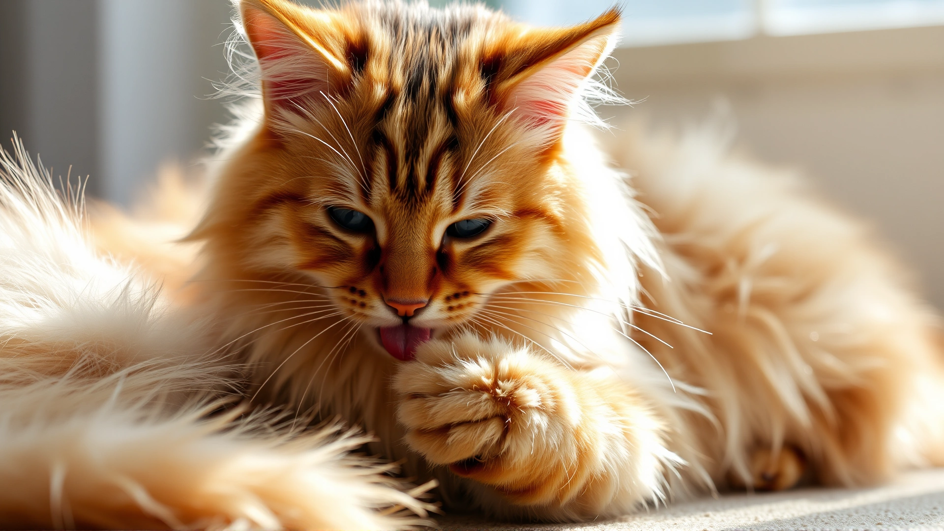 A fluffy long-hair cat licking its paw while grooming, loose fur visible around, bright natural light