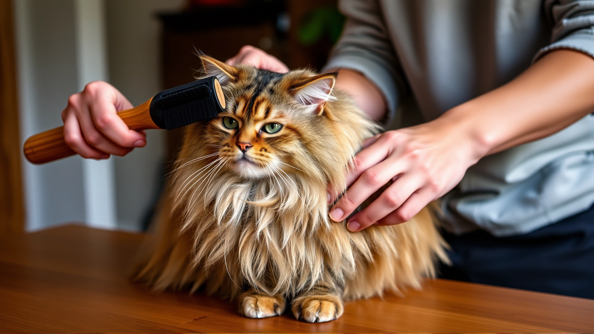 Owner brushing a long-haired cat with a slicker brush, cozy home setting, loose fur visible on brush