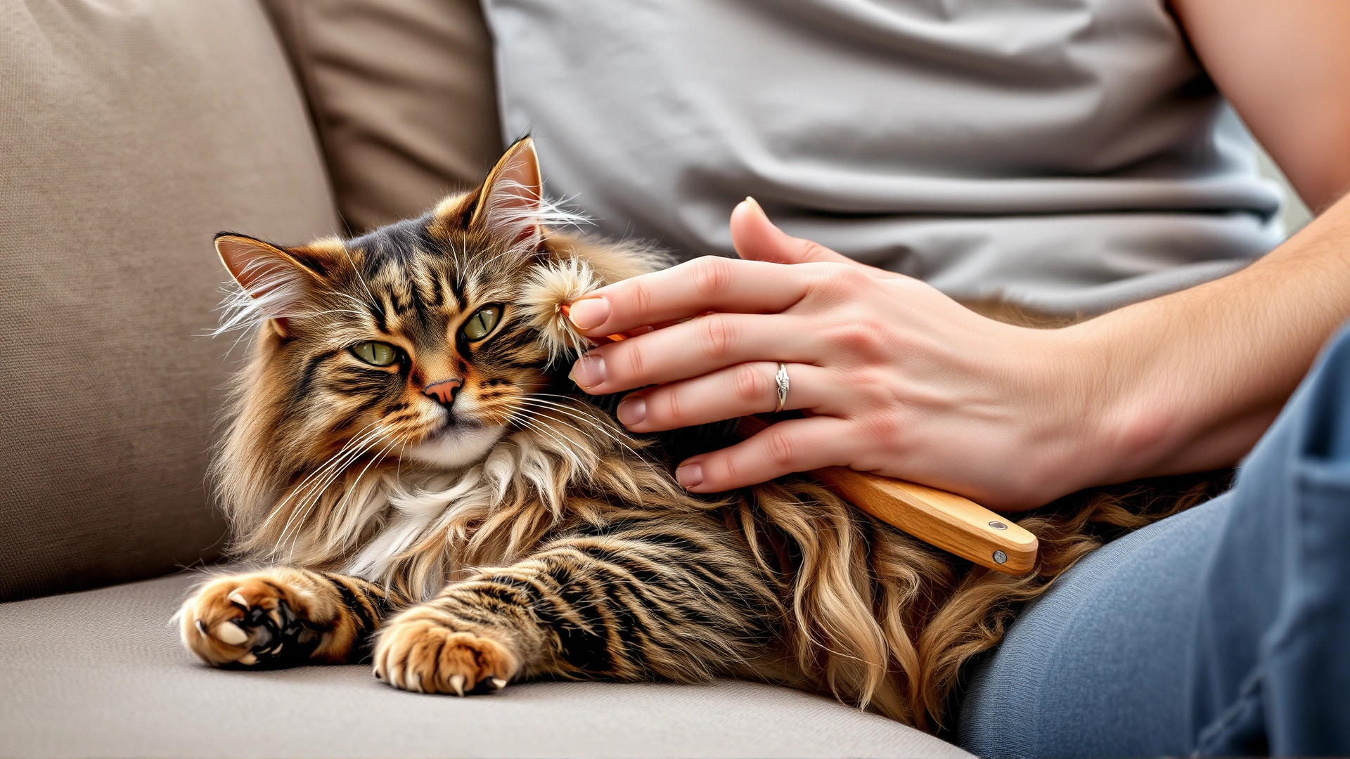 Owner gently brushing a long-haired cat on a couch, with loose fur visible on the brush, relaxed atmosphere.