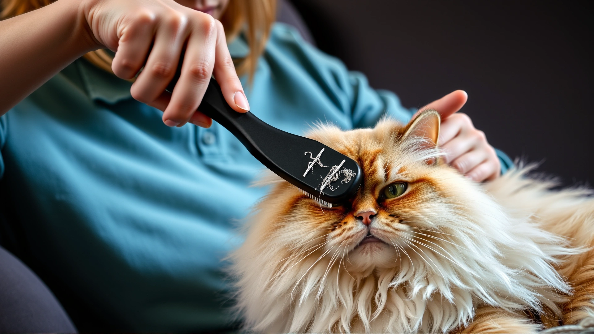 Owner gently brushing a Persian cat on a couch, capturing loose fur in the brush to illustrate daily grooming.