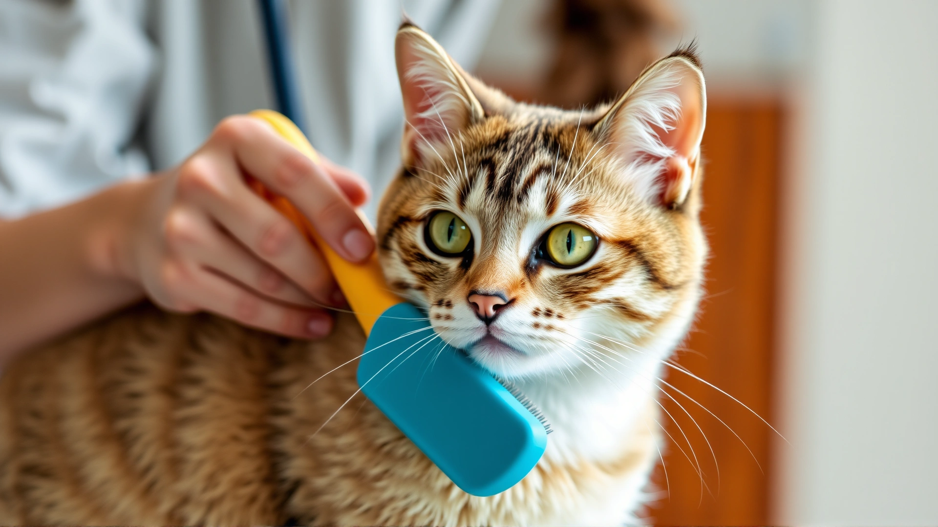 Cat owner brushing their cat's coat with a grooming brush, showcasing daily care routine, high-resolution photo