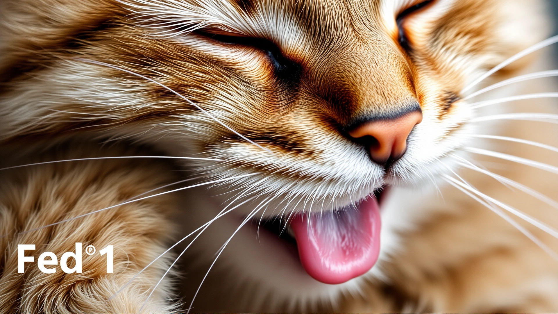 Close-up image of a cat grooming itself, tongue visible, to illustrate the spread of Fel d 1 protein.