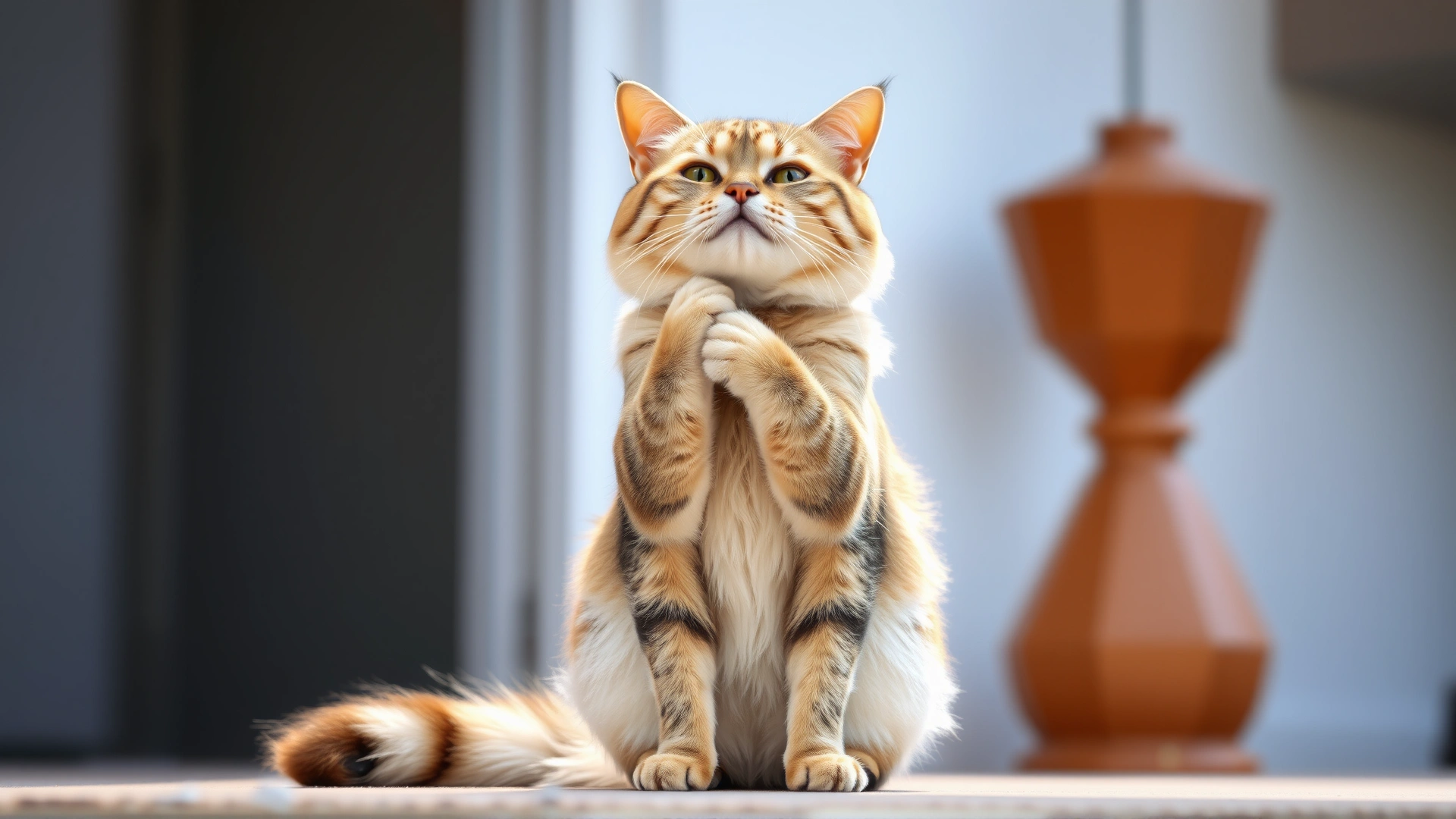 Cat sitting upright grooming its shiny coat in natural daylight