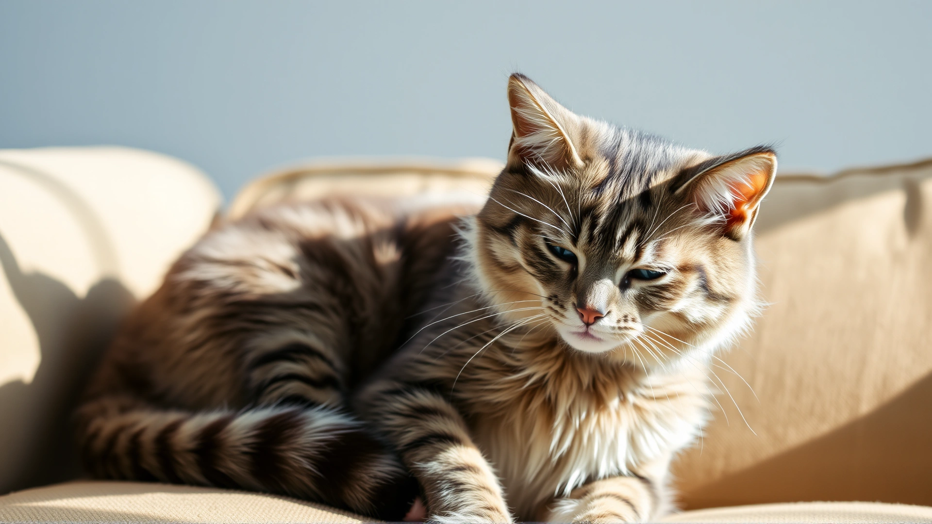 Two domestic shorthair cats grooming each other on a cozy couch, natural lighting.