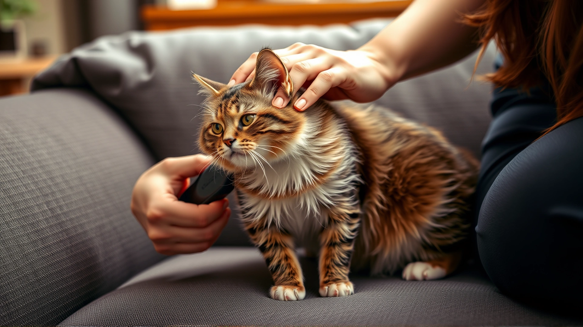 Cat owner gently brushing a short-haired cat on a sofa, emphasizing home grooming