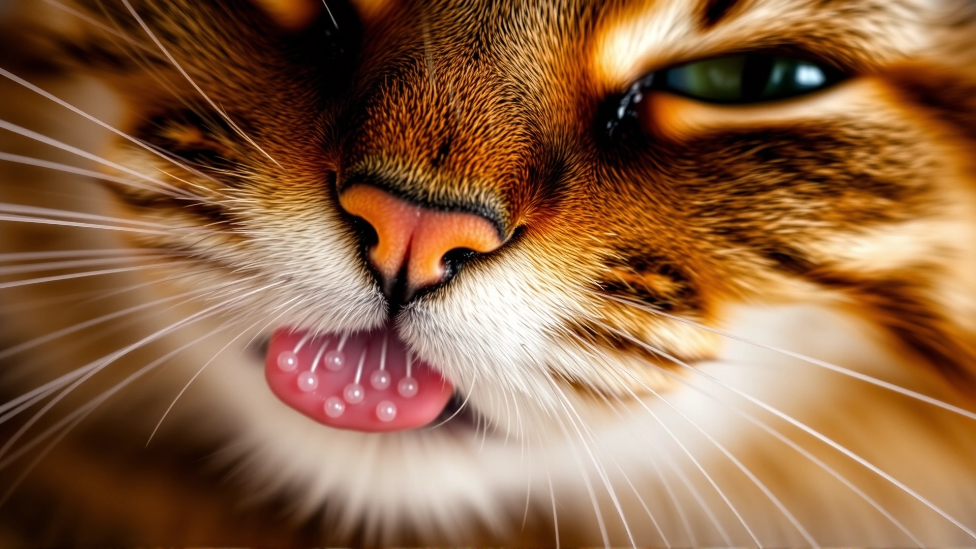 Extreme close-up of a cat's tongue with visible papillae as it grooms its own fur.
