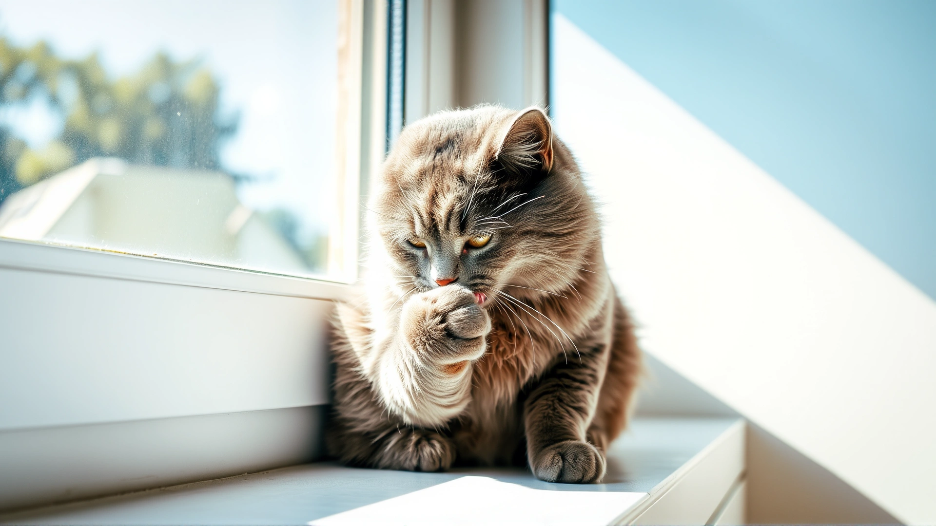 Medium shot of a grey cat sitting on a windowsill licking its paw, sunlight streaming through the window highlighting the clean fur.