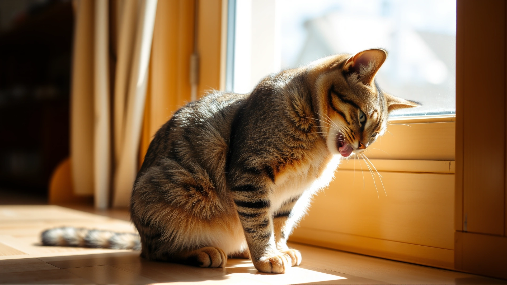 Indoor photo of a short-haired tabby cat grooming itself near a sunny window, illustrating self-licking behavior.
