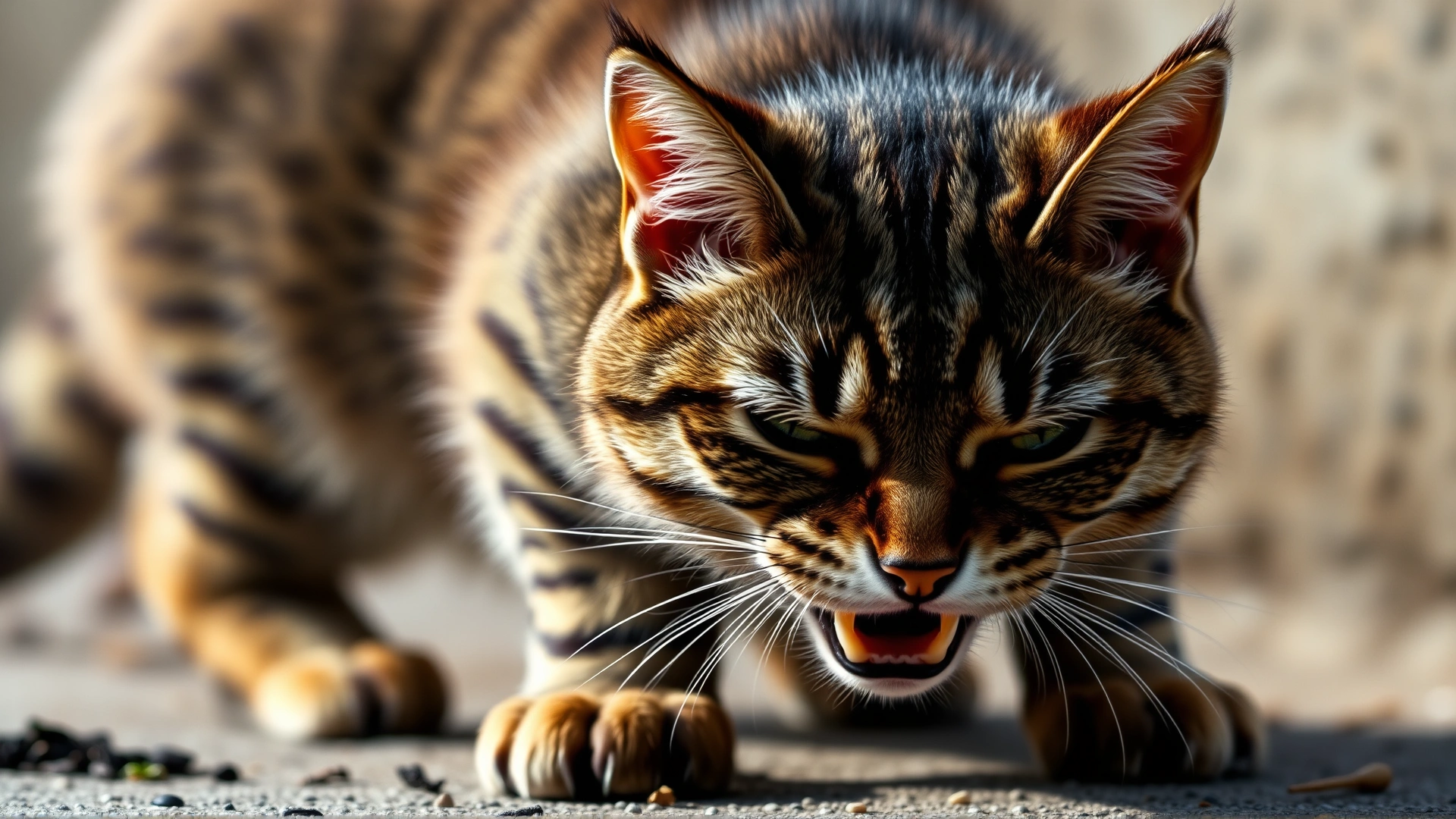 Tabby cat crouched low with narrowed eyes, emitting a growl, background suggests territorial confrontation.
