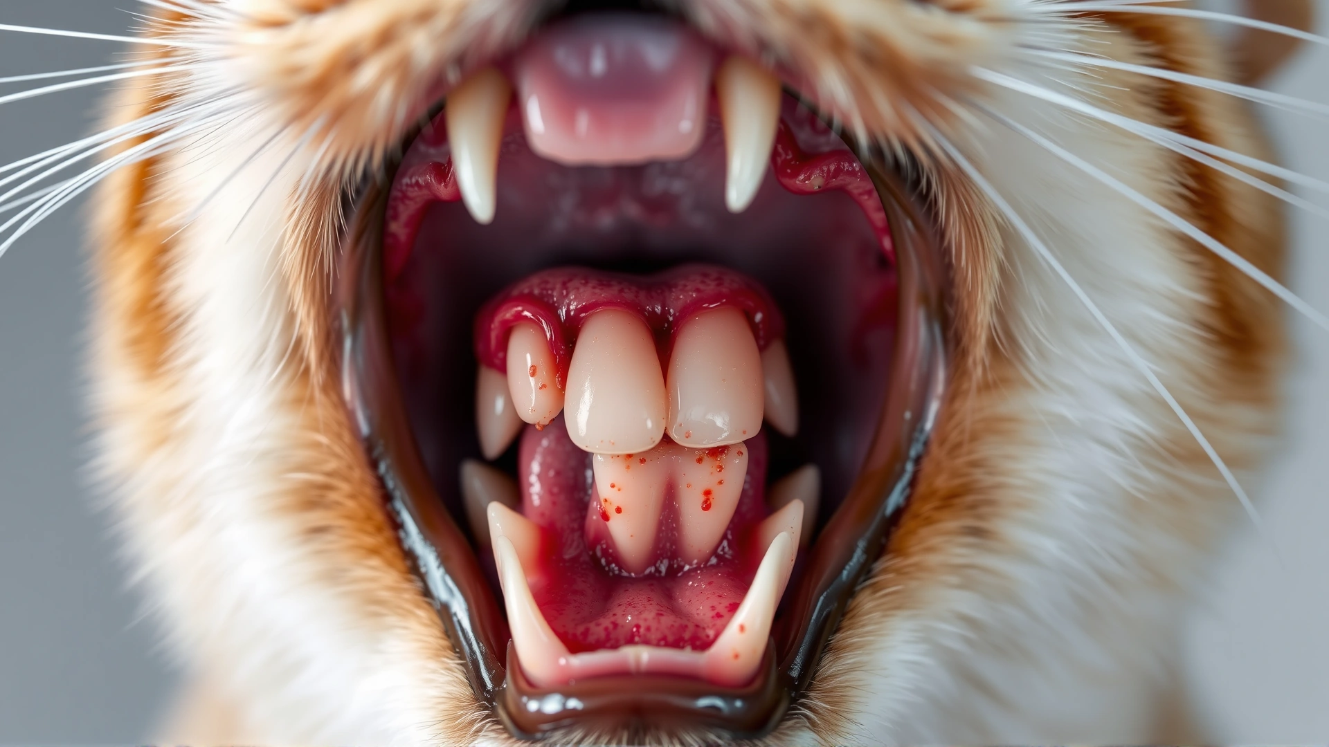 Macro photograph of a cat’s mouth with inflamed red gums around the molars, illustrating early gingivitis; clinical lighting, white background.