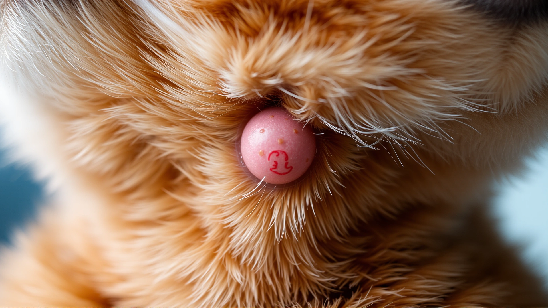 Macro shot of a cat’s skin with the fur parted, revealing a small benign skin tumor on the neck.