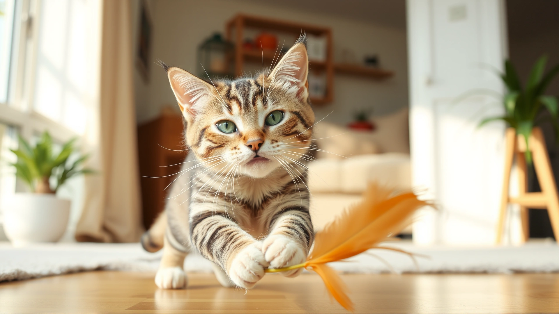 Healthy domestic cat playfully chasing a feather toy in a bright living room after recovery