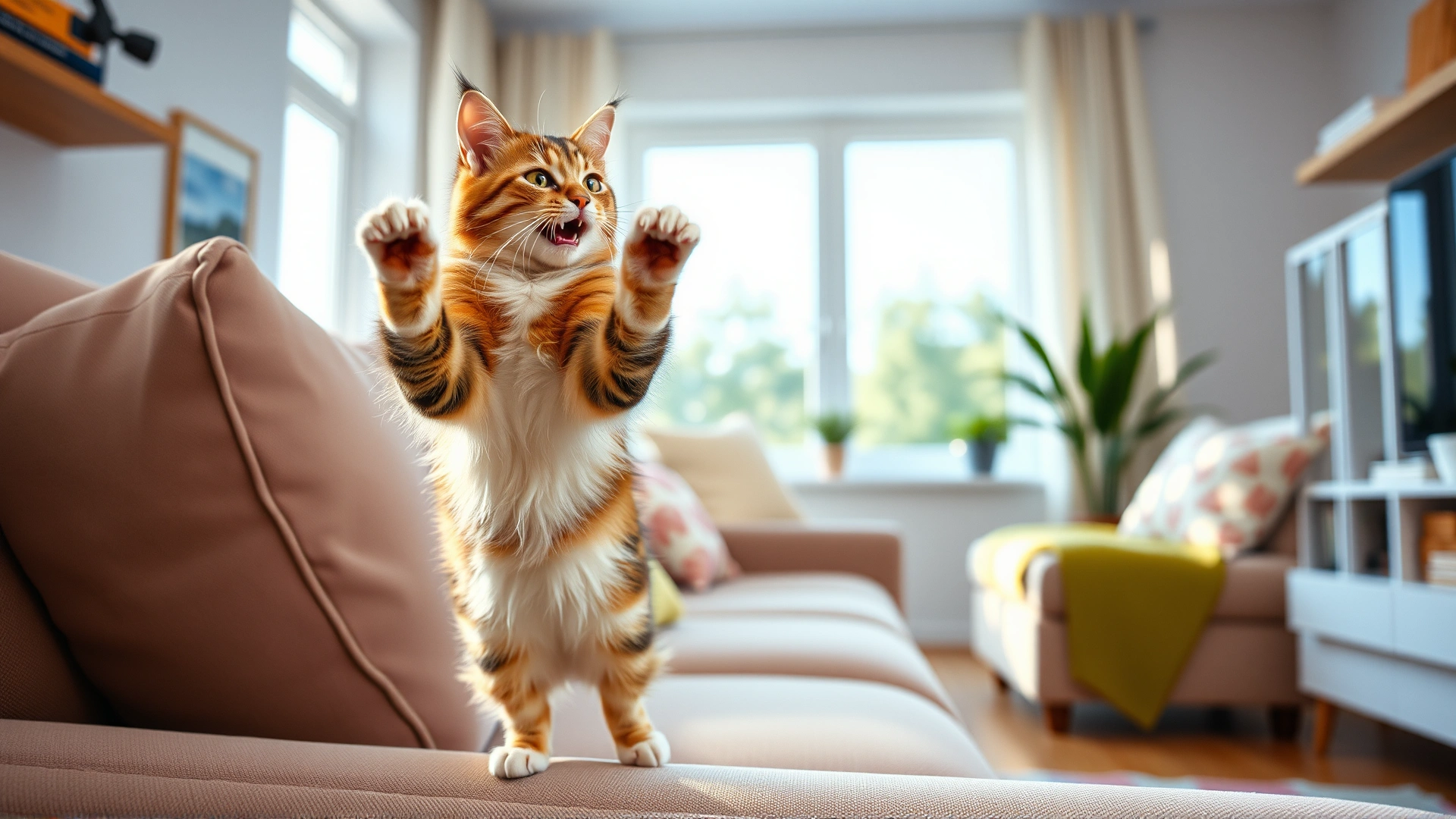 Playful healthy cat jumping on a sofa in a bright living room, conveying wellness and recovery