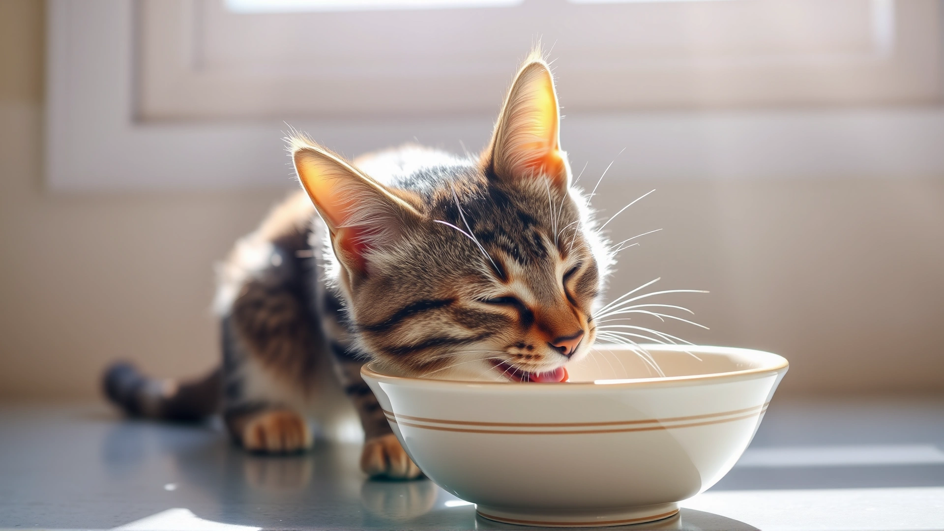 Happy tabby cat actively drinking water from a wide ceramic bowl, sunlight streaming through a window.