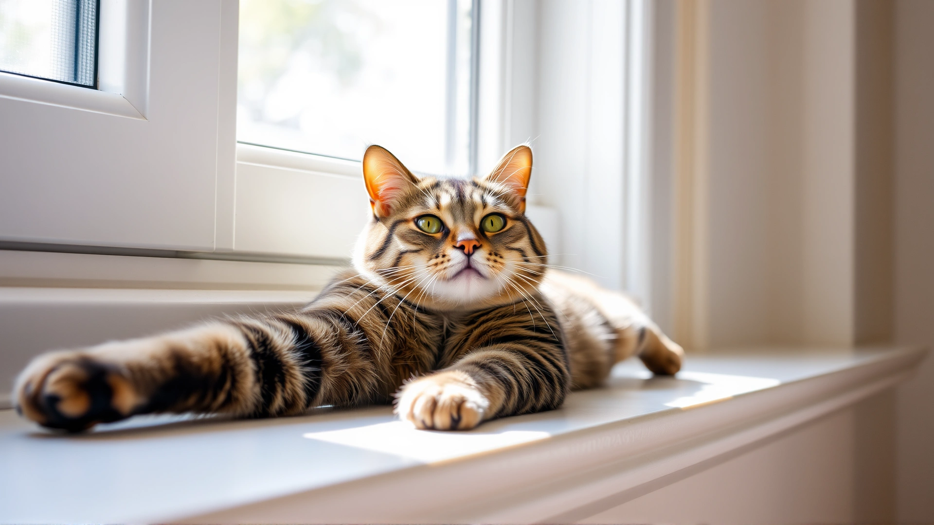 Healthy looking cat stretching on a sunny windowsill, appearing relaxed and content; bright natural light; indoor home setting; no text.