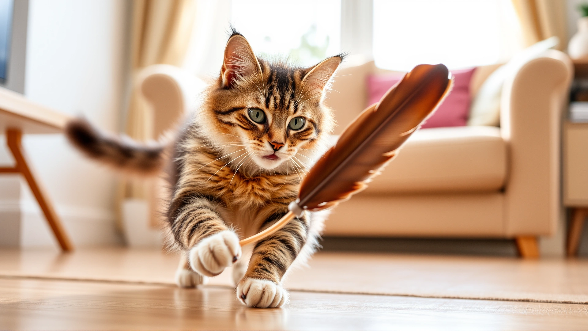 Playful healthy cat chasing a feather toy in a bright living room, symbolizing recovery and well-being.