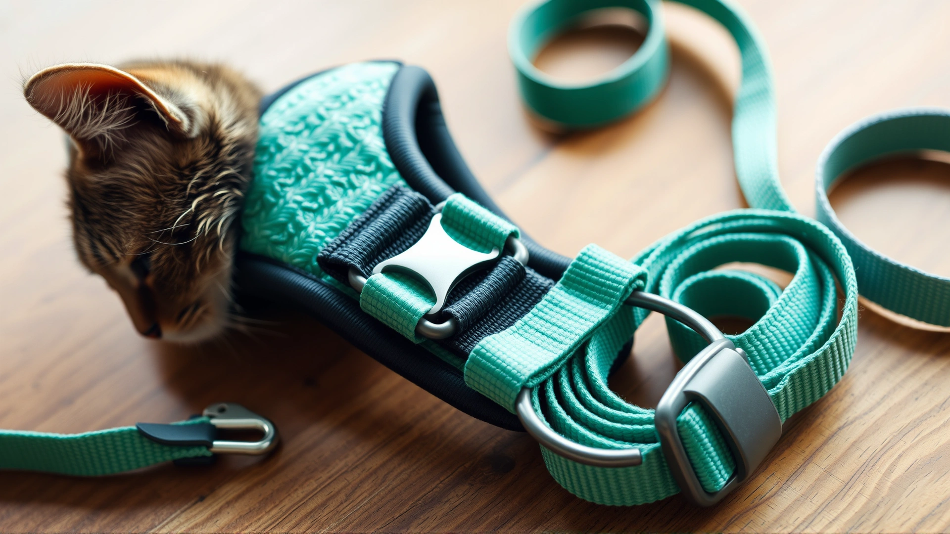 Close-up shot of a safe, adjustable cat harness lying next to a lightweight leash on a wooden table