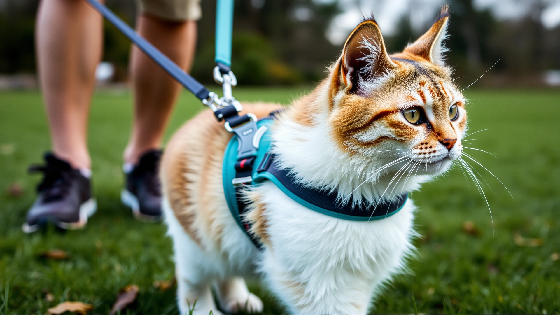 Cat wearing a comfortable harness taking a supervised walk on green grass with owner holding leash