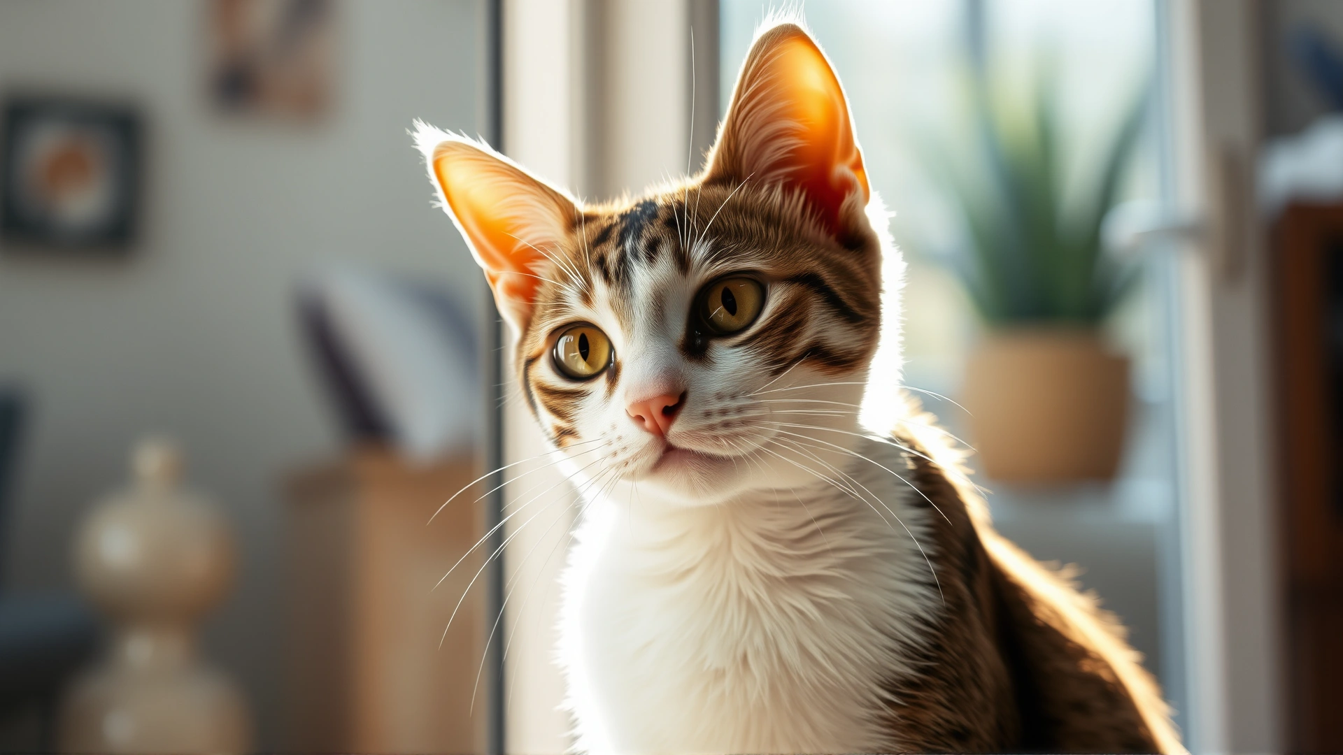 Portrait of a curious cat tilting its head to one side, soft daylight coming from a window, blurred home interior in background, high resolution