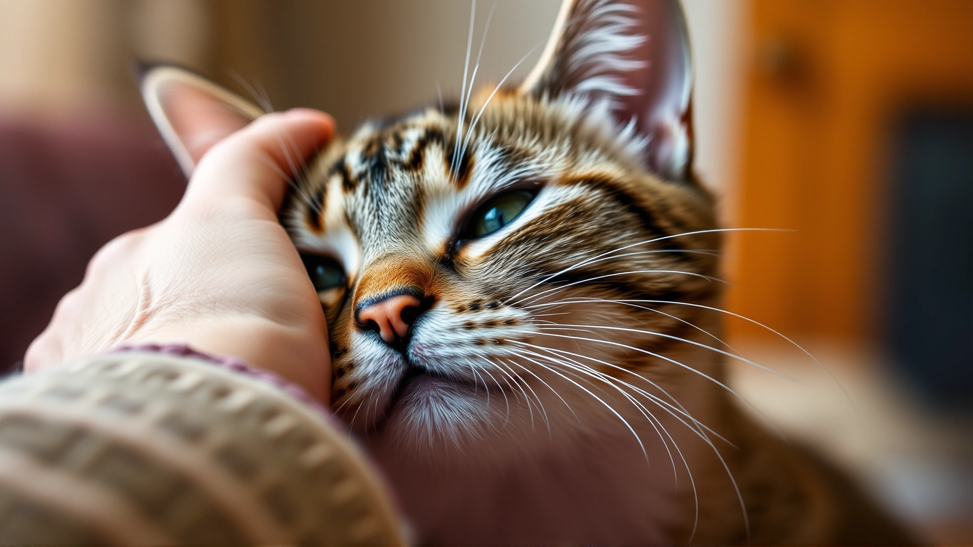 Close-up shot of a domestic short-haired cat nudging a person's forehead with its head, focus on the gentle contact, blurred cozy background