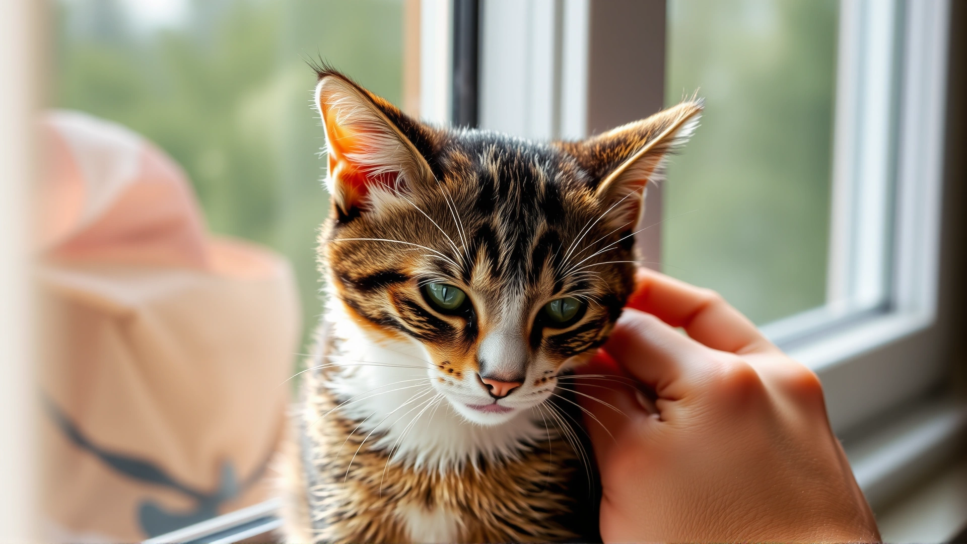 A playful domestic short-haired cat sitting on a windowsill while its owner gently parts the fur to inspect the skin, natural daylight.