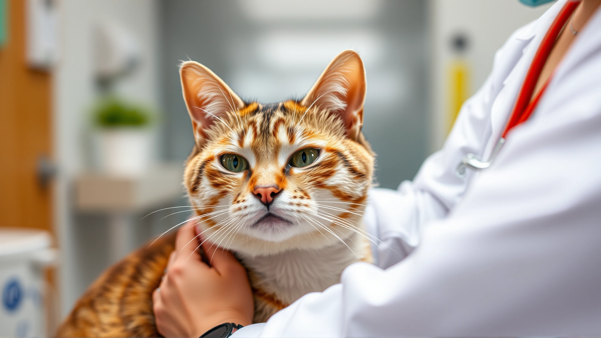 A calm cat being gently examined by a veterinarian in a bright clinic, representing health checks.