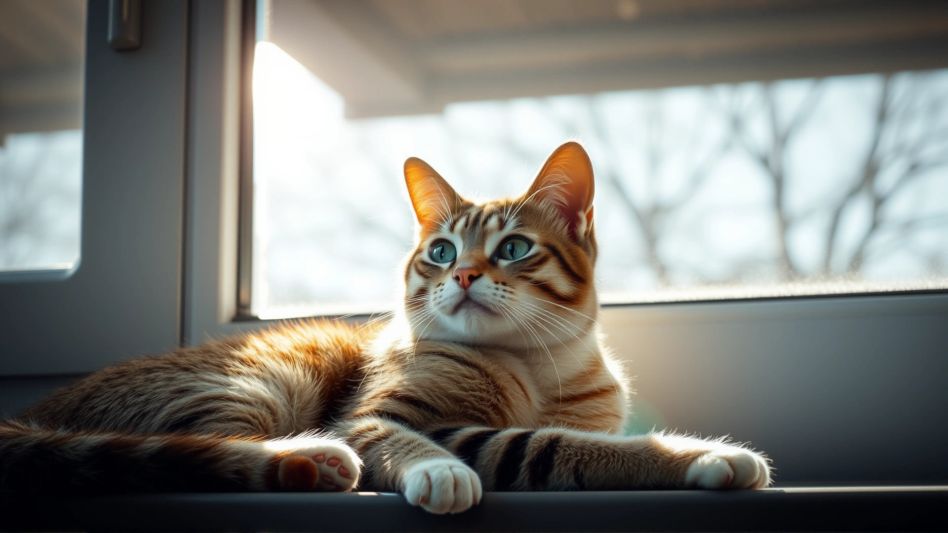 Healthy domestic short-haired cat lounging near a window with sunlight, symbolizing wellness