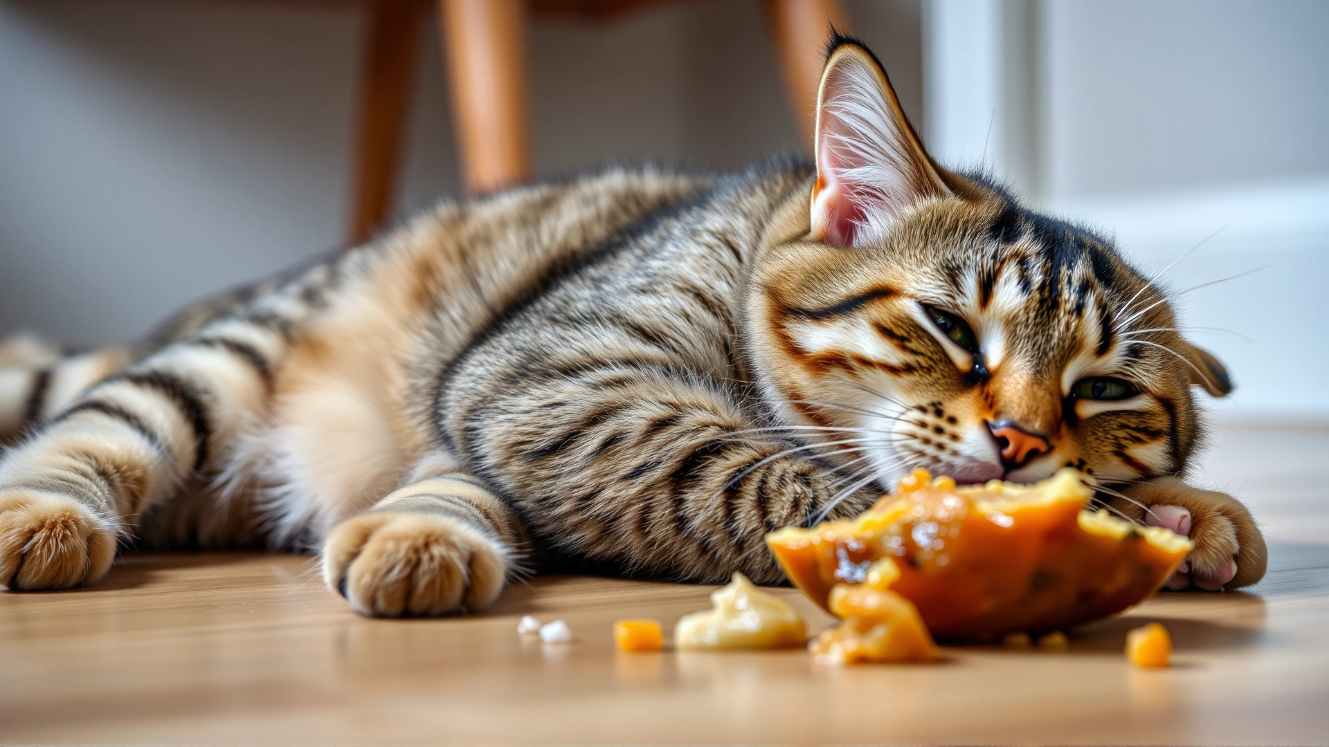 Close-up of a shiny-coated cat stretching contentedly on the floor right after finishing a meal, bright indoor lighting, no text.