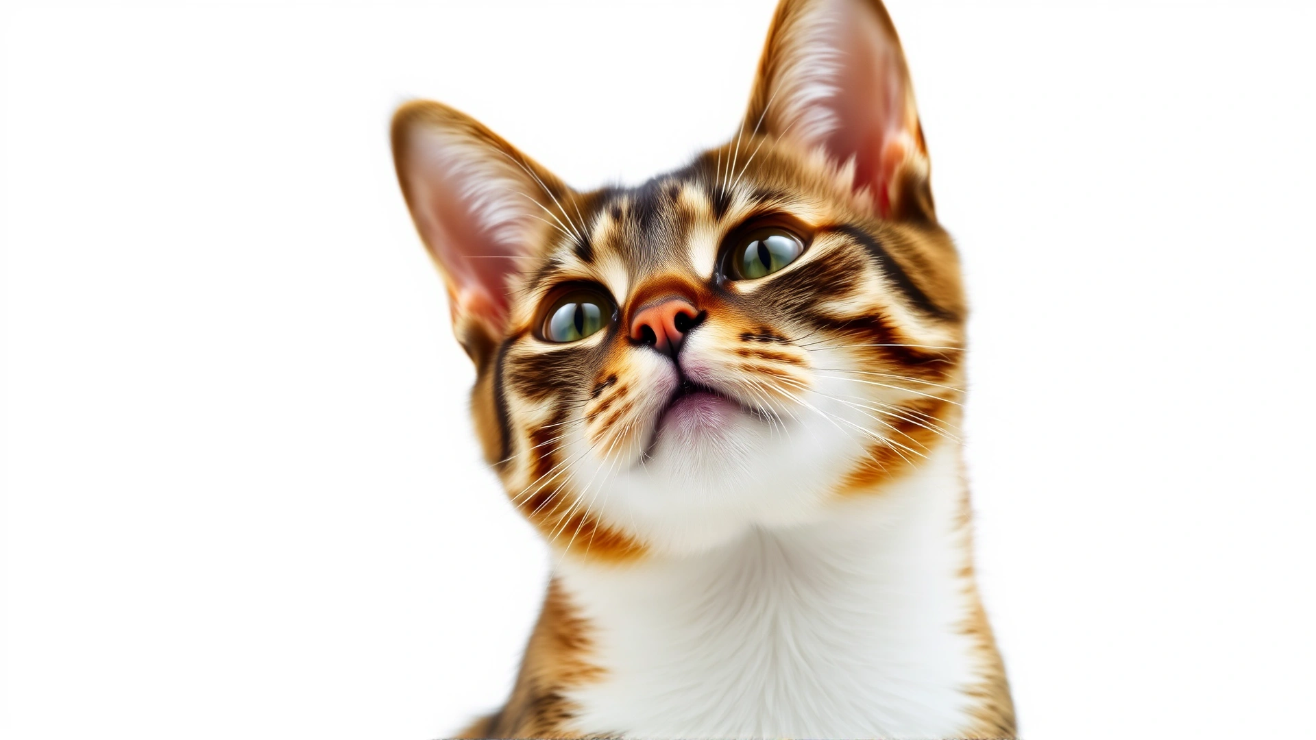 Domestic cat with tilted head and ears perked, listening intently, white background, focus on ears and facial expression