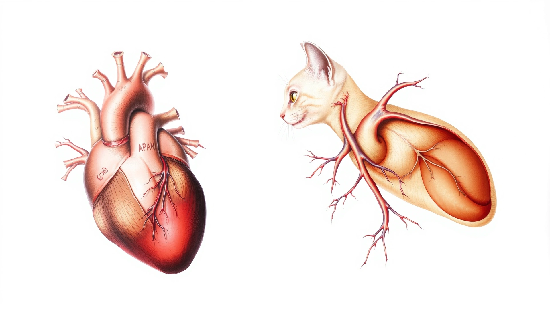 Detailed anatomical illustration of a cat's heart and major blood vessels on a clean white background.