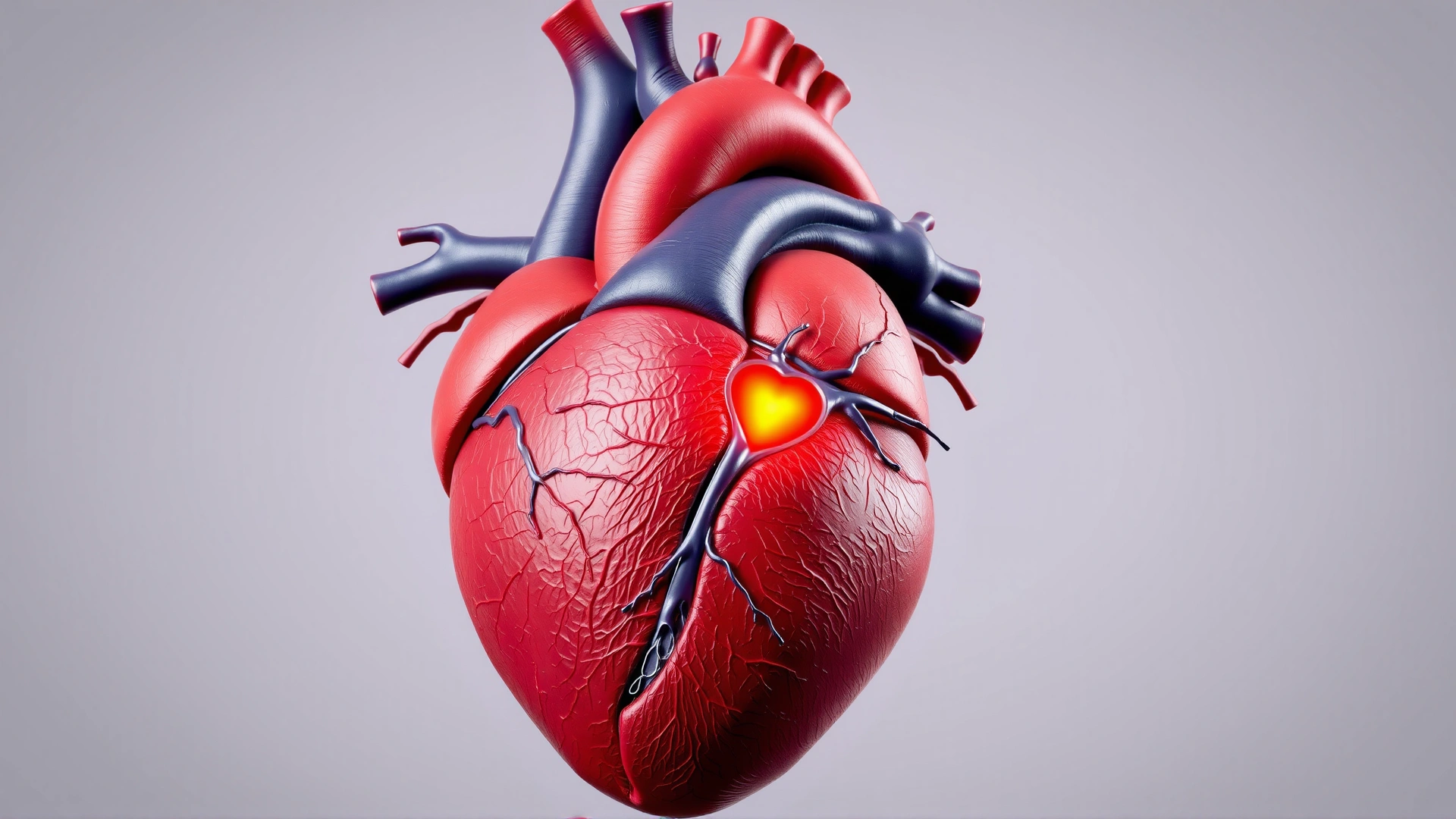 Illustrative digital rendering of a cat's heart anatomy highlighting the atrioventricular node, vibrant colors, no text