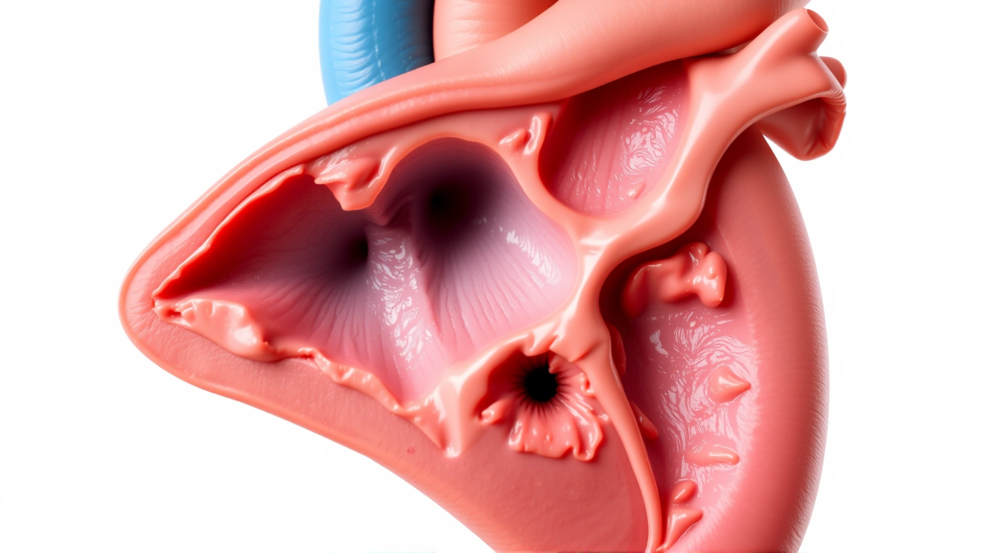 Detailed digital illustration of a feline heart cross-section highlighting thickened endocardium and enlarged atria, pastel color palette, white background