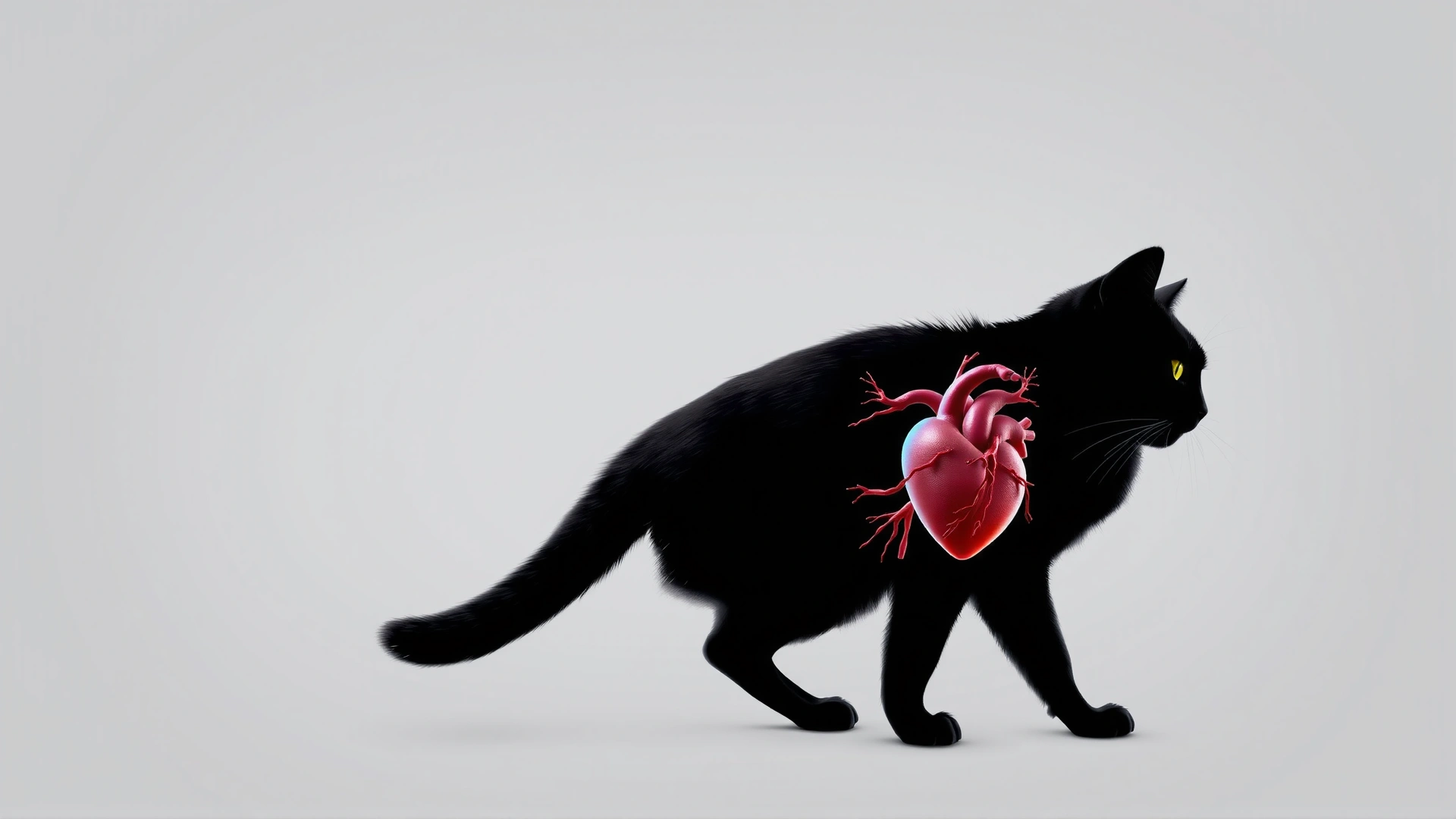 Digital illustration of a healthy cat silhouette with semi-transparent chest area revealing stylized heart and coronary vessels; realistic but without labels or text.